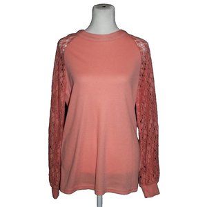 Miholl Shirt Top Women's Size Medium M Bright Coral Waffle Body Lace Sleeve